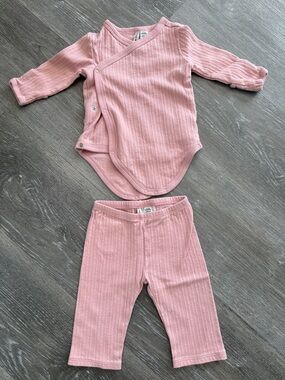 Pink Ribbed Baby Long-Sleeve Wrap Matching Set with side snap